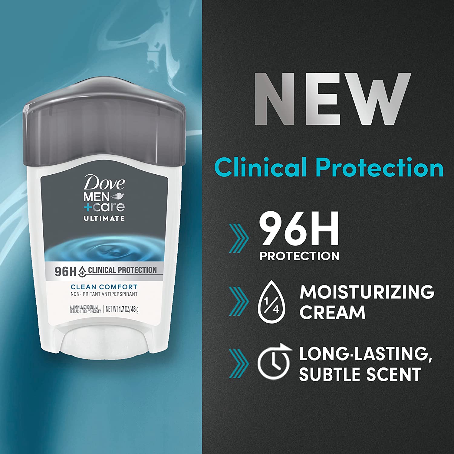 Dove Men+Care Clinical Protection Antiperspirant Clean Comfort Stick for Men 96-Hour Sweat and Odor Protection Clinical Strength Antiperspirant with 1/4 Moisturizing Cream 1.7 oz - Image 4
